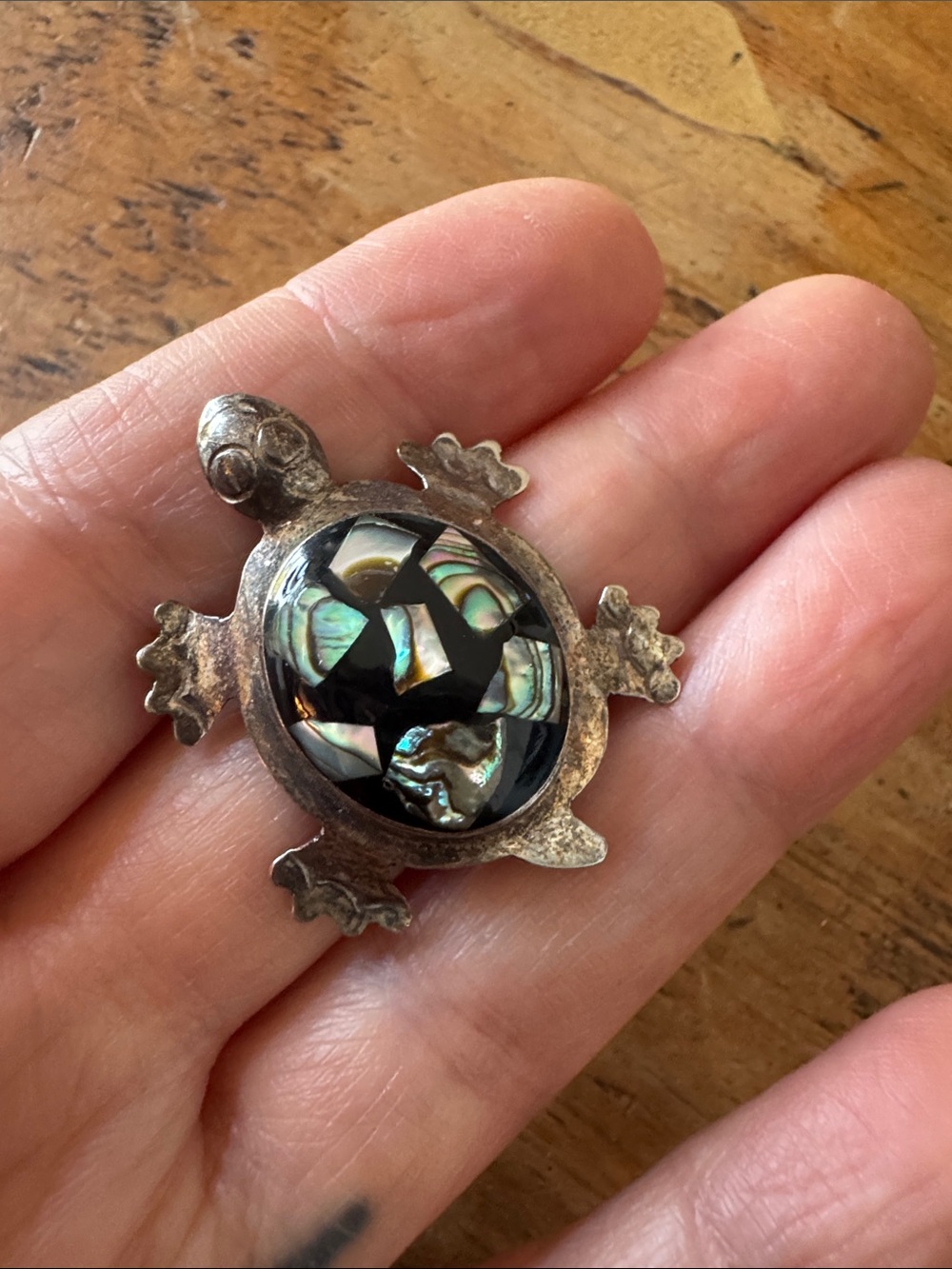 Abalone Mosaic Turtle Brooch - Iridescent Shell Accent